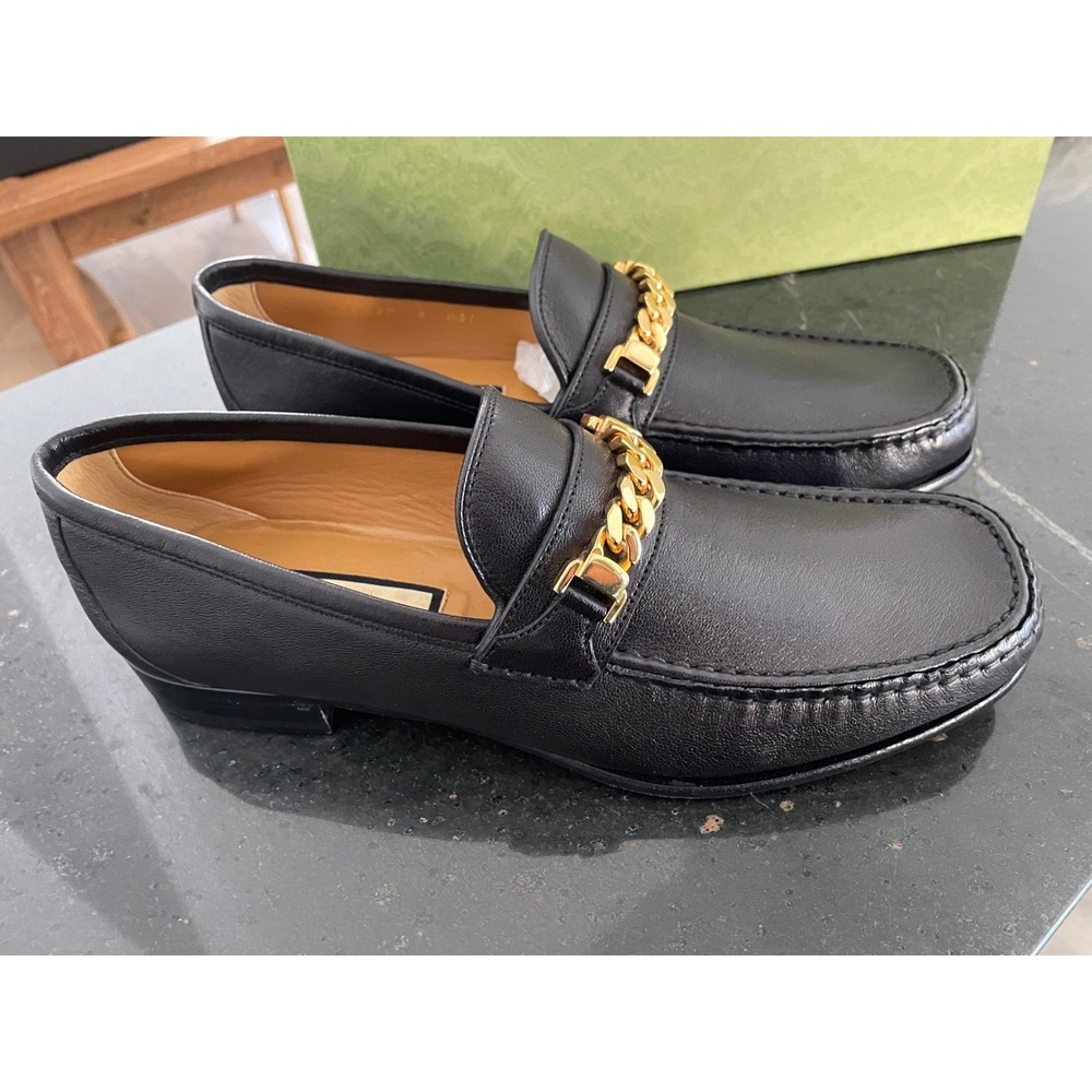 GUCCI 643620 black leather loafers with gold-tone chain horsebit, UK 9 - Picture 4 of 6